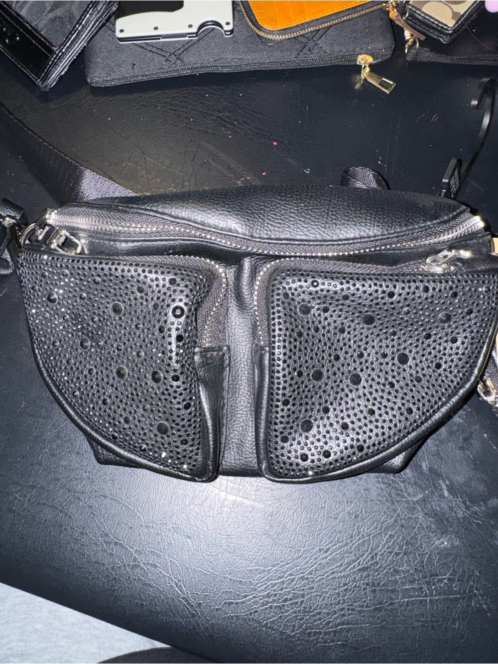 Black Perforated Leather Crossbody Bag with Front Pockets